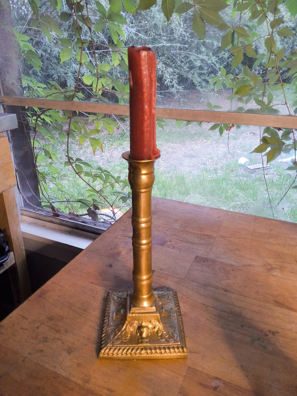 Vintage Empire- Style Brass Square Base Candle Stick- 8.5" Tall